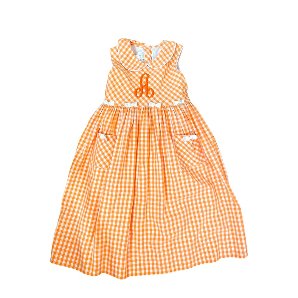 Strasburg Children Orange‎ Gingham aMonogram A Dress Peter Pan Collar Bows sz 5